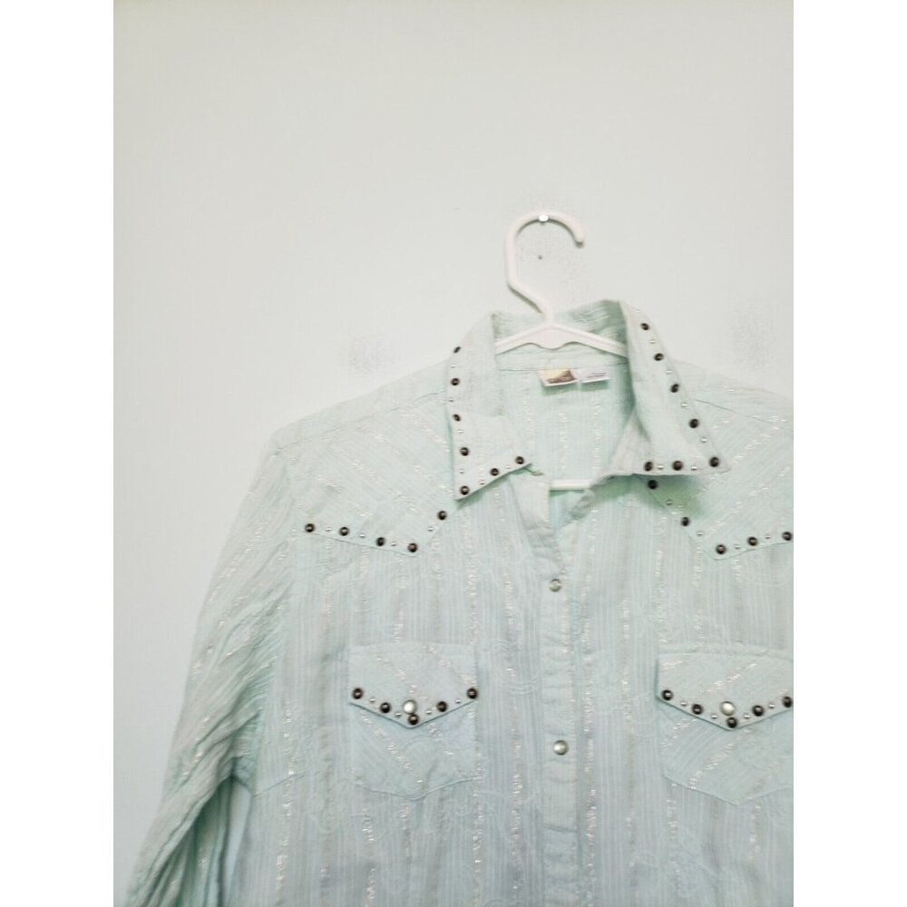Cowgirl Up Womens M Shirt Pearl Snap Front Studded Metallic Stripe Green Western - Picture 4 of 5